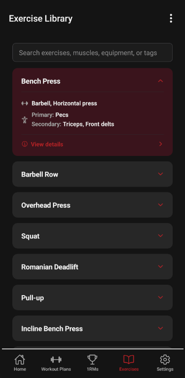 Exercise library screen