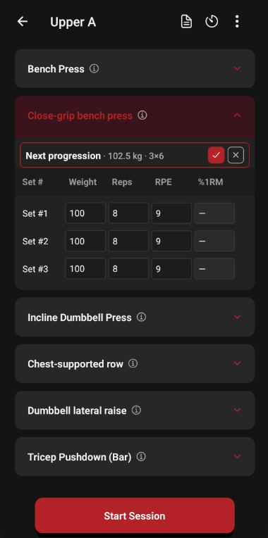 Workout load increase screen